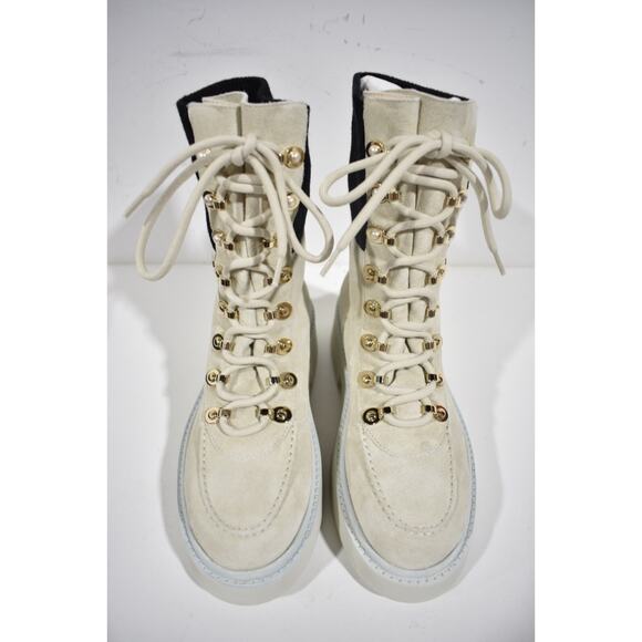 Chanel 21K Ivory Suede Black CC Platform Combat Lace Up Ankle Short Moto Boot 37 - Picture 9 of 12